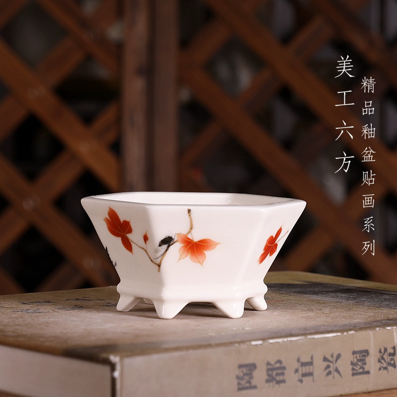 Bonsai Garden Chinese Garden - 磁器六角盆栽鉢、小さな花瓶、中国風模様、庭の装飾、伝統的な
