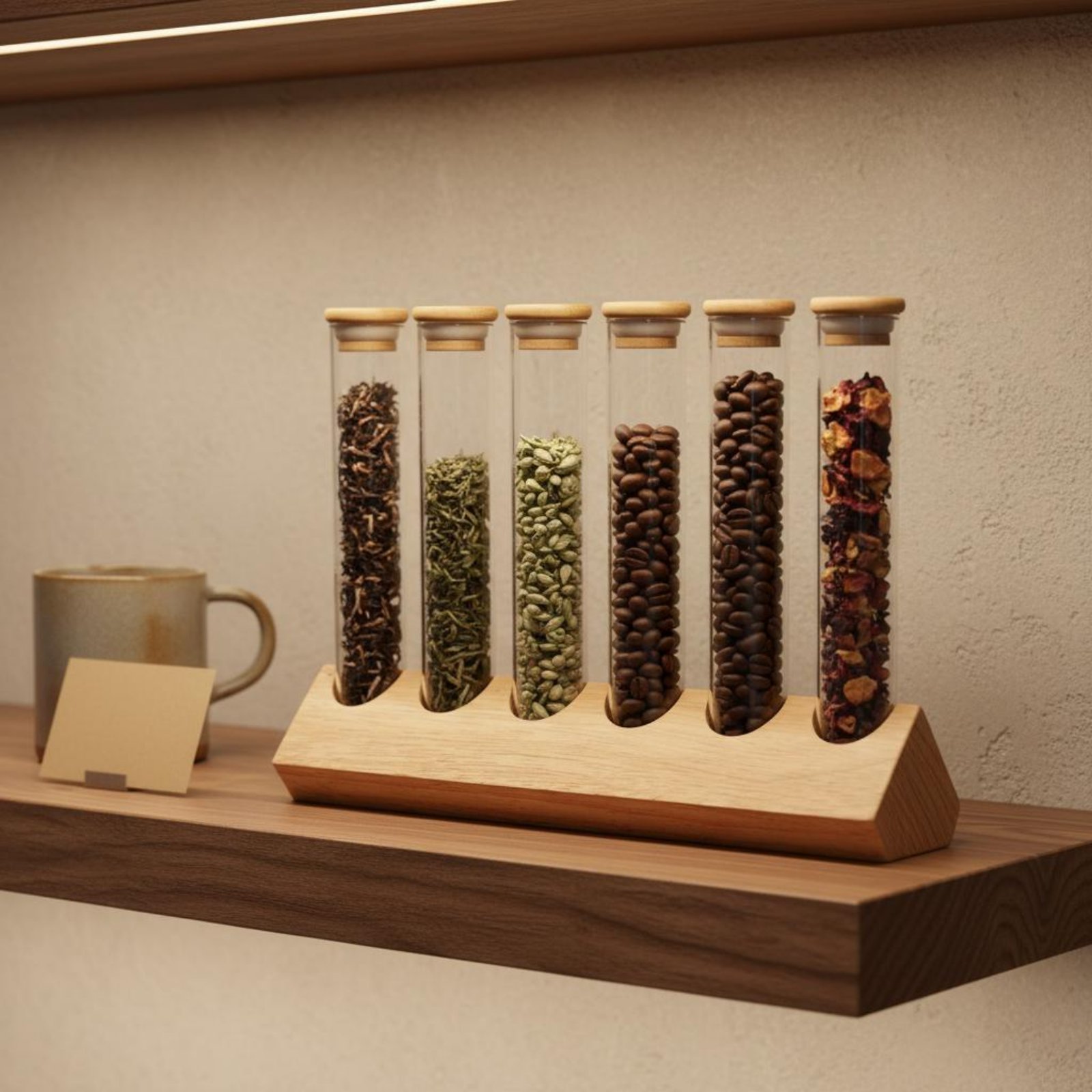 Display Stand Wood - ガラス管容器セット 木製スタンド付き クリアビューデザイン ガラス管木製ラックセット コーヒー豆ディスプレイスタンド お手入れ簡単