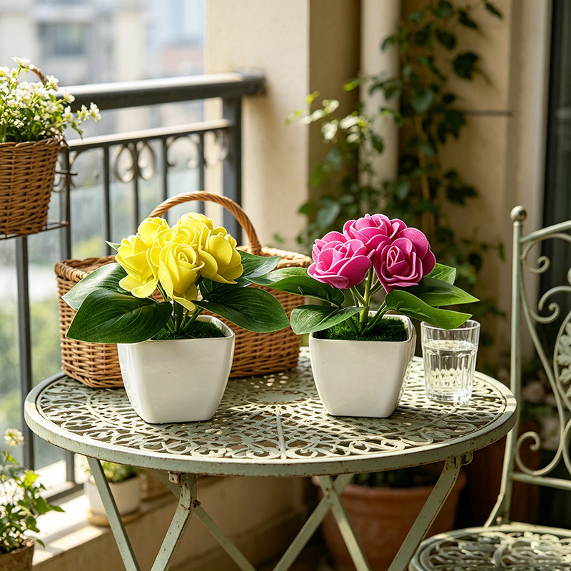 Bonsai Garden Restaurant - 6花のバラの造花、小さな陶器の植木鉢、レストラン、喫茶店、卓上用の偽物の花の盆栽