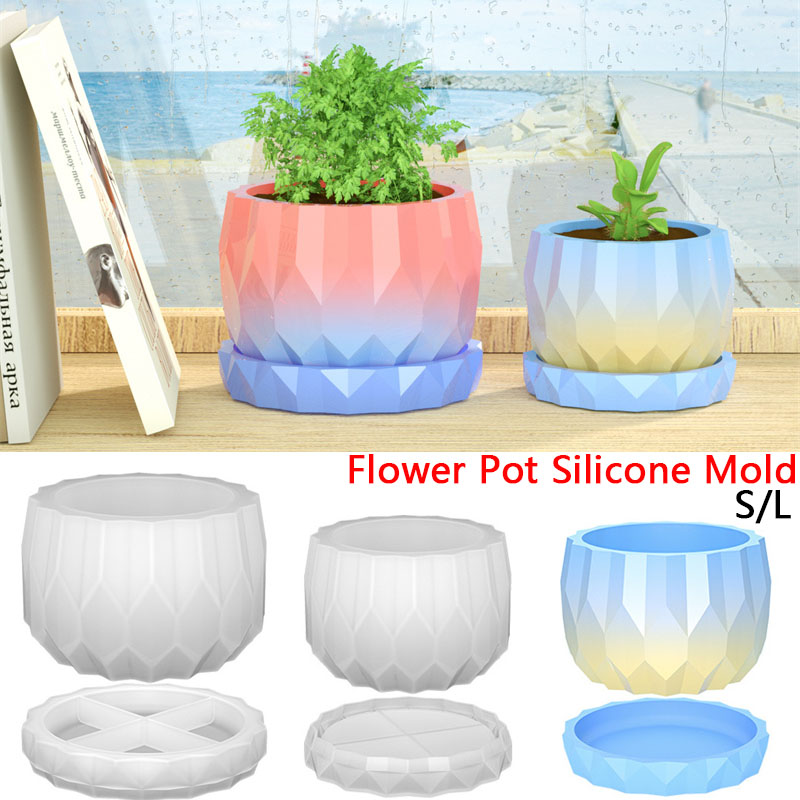 Bonsai Garden Decor - コンクリート植木鉢とソーサー用のシリコンプランター型,DIYダイヤモンド型,ファセット花瓶,庭の装飾,1セット