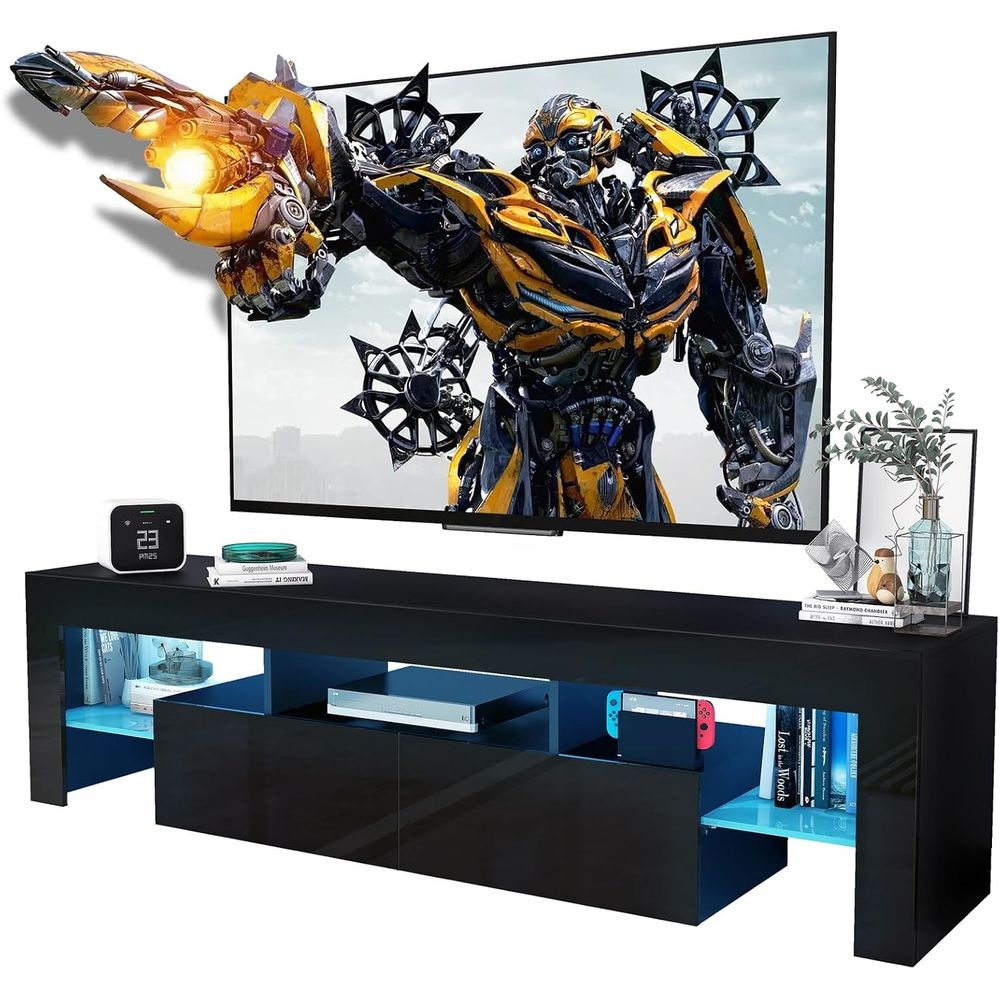 Display Stand Wood - ブラックテレビスタンド、60 65 70 75インチ木製テレビスタンド、大型収納棚とガラスディスプレイシェル付き光沢のあるエンターテイメントセンター、LEDライト付き