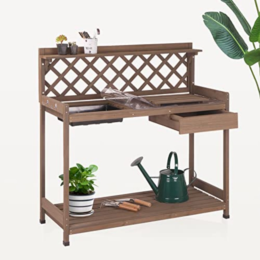 Bonsai Garden Bench - 屋外用園芸用植木鉢置き台、モミ材製、ナチュラルカラー、PVC層の収納棚、シンク、引き出し、フック付き