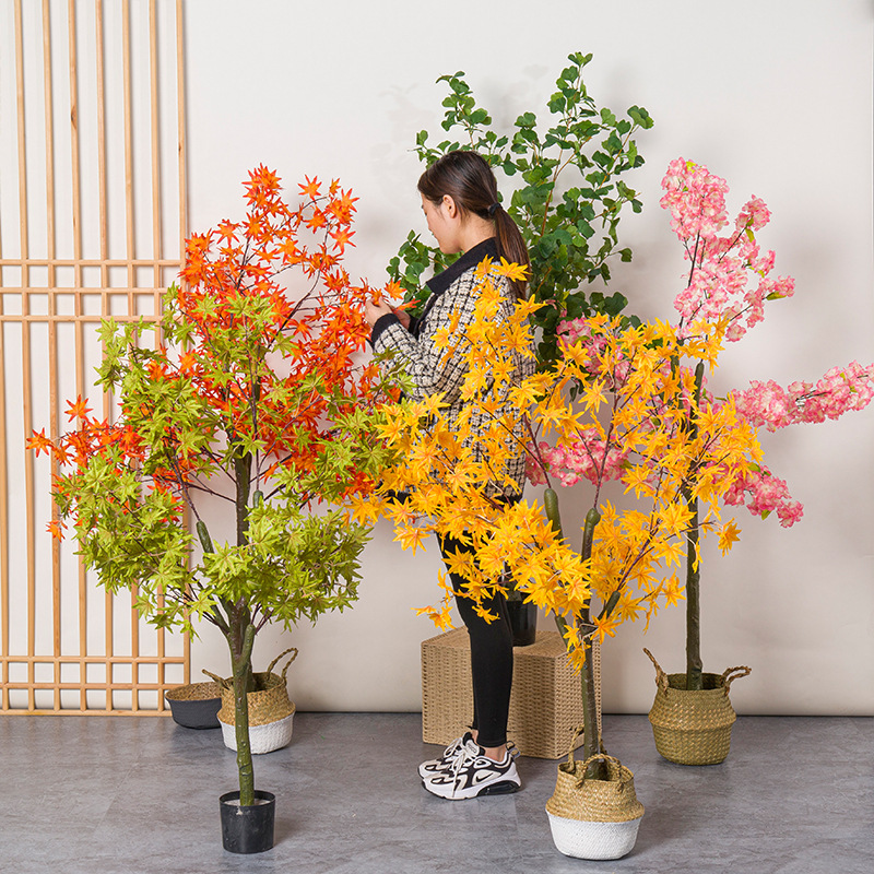 Bonsai Garden Restaurant - 人工赤カエデの木鉢植えイチョウの葉盆栽植物家庭用リビングルーム庭レストラン床飾り