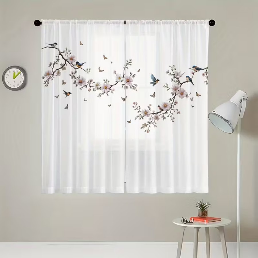 2枚組デジタルプリントシアーカーテン、花鳥蝶自然庭園春の窓用 - Bonsai Garden Decor のレビューと価格
