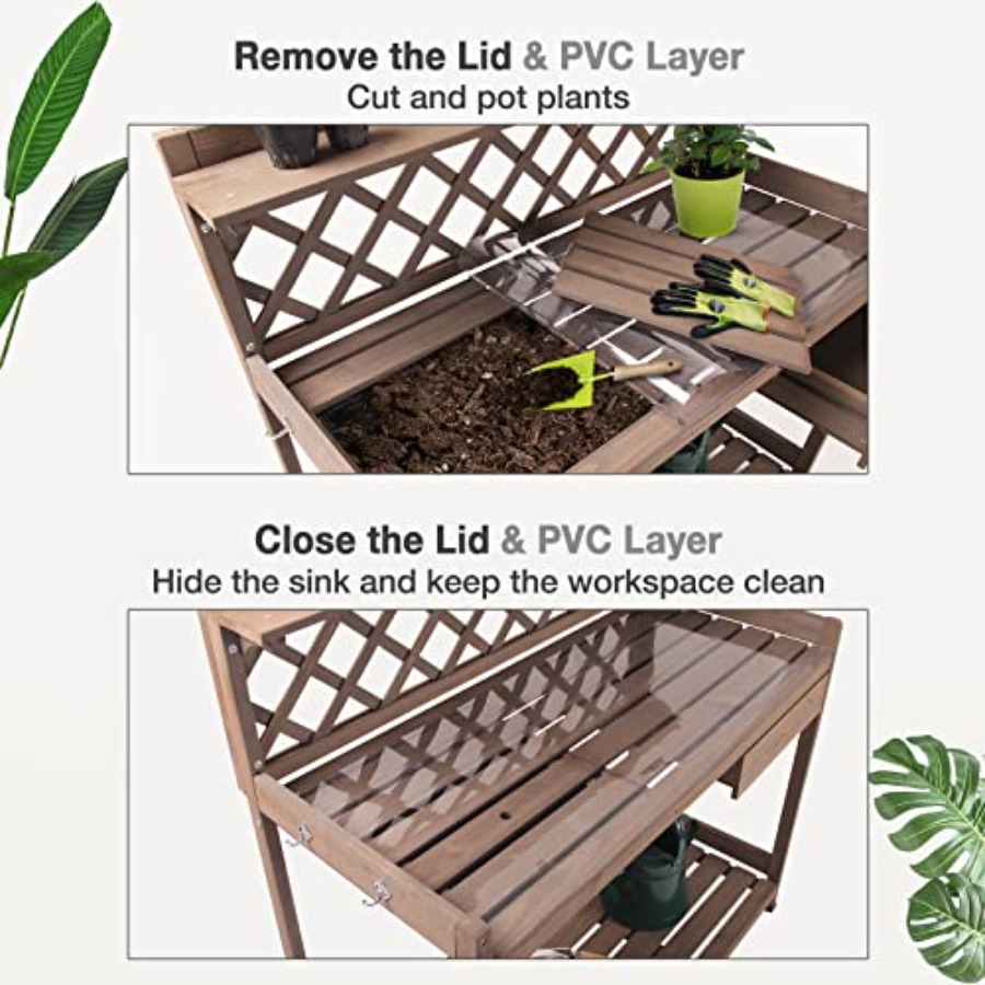 屋外用園芸用植木鉢置き台、モミ材製、ナチュラルカラー、PVC - Bonsai Garden Bench のレビューと価格