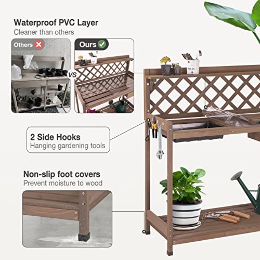 屋外用園芸用植木鉢置き台、モミ材製、ナチュラルカラー、PVC - Bonsai Garden Bench のレビューと価格