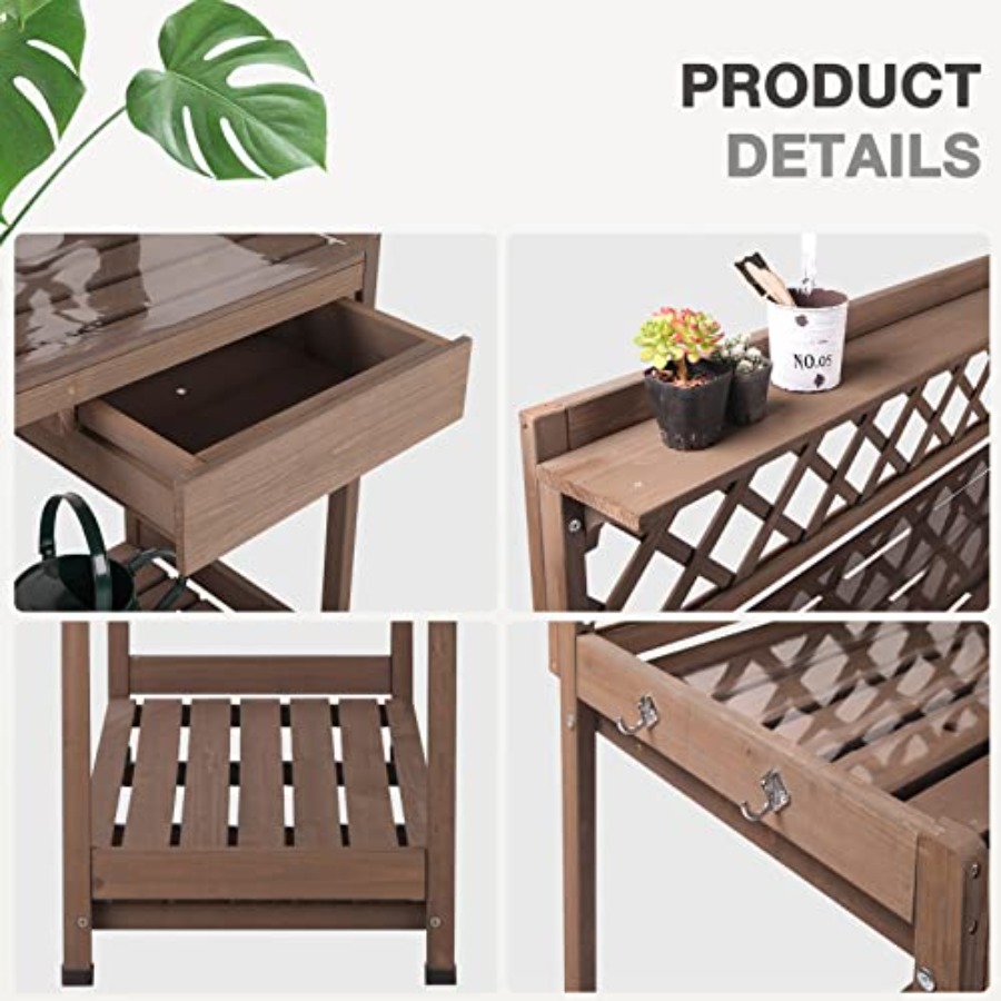 屋外用園芸用植木鉢置き台、モミ材製、ナチュラルカラー、PVC - Bonsai Garden Bench のレビューと価格